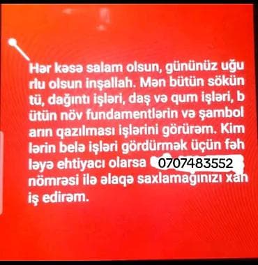ev temizleyirem: Xidmət: Söküntü, dağıntı və torpaq işləri Təsvir: - Bütün növ söküntü — 1