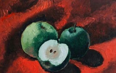 natürmort şəkilləri: Yağlı boya ilə çəkilmiş natürmort rəsm əsəri. Rəsmdə yaşıl alma təsvir — 1