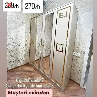 Yeni, 4 qapılı, Güzgülü, Digər rəng, Digər material, Açılan, Düz dolab
