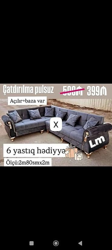 Mebel: L künc divan dəsti - Ölçü: 2 m 80 sm x 2 m - Açılır mexanizmli - Baza — 1