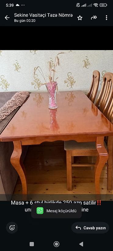 Masa + 6 stul birlikde 250 azn satilir‼️unnvan turkan 2652 sekine