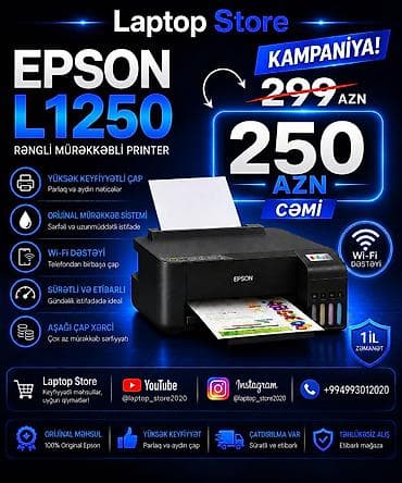 🚨 ŞOK ENDİRİM! TƏLƏSİN! 🚨 🖨️ Epson L1250 Wi-Fi Printer 299 AZN ❌ 🔥