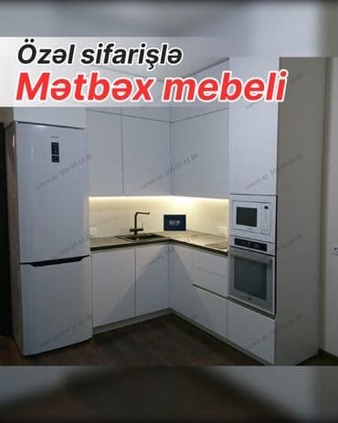 metbex mebeli gence: Özəl sifarişlə mətbəx mebeli - L formalı, müasir minimal dizayn - Ağ — 1