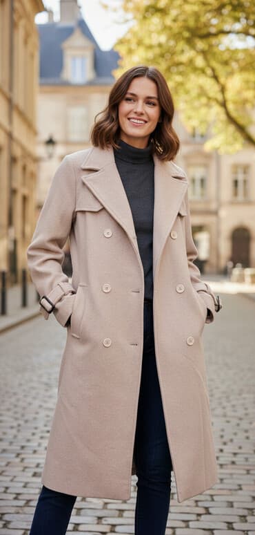 qadın gecəlikləri: Bej rəngdə qadın trenç/palto - Kəsim: Uzun, ikiqat düyməli — 1