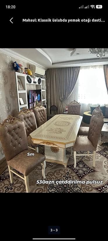 oturaca: Qonaq otağı üçün, Yeni, Açılmayan, Dördbucaq masa, 6 stul — 1