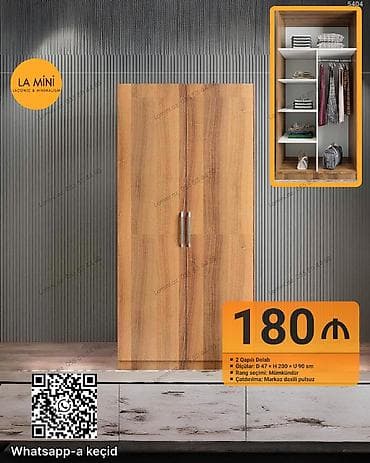 2 qapılı geyim dolabı - Ölçülər: dərinlik 47 sm × hündürlük 200 sm ×