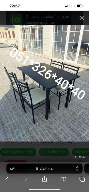 Masa və oturacaq dəstləri: Qonaq otağı üçün, Yeni, Açılmayan, Kvadrat masa, 8 stul — 24