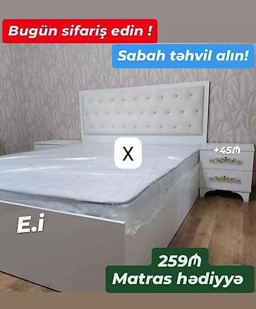 Мебель на заказ: Ağ rəngli yataq dəsti: - İki nəfərlik müasir çarpayı, yumşaq döşəməli — 1