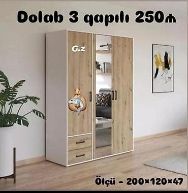 Yeni, 3 qapılı, Güzgülü, Digər rəng, Digər material, Açılan, Düz dolab