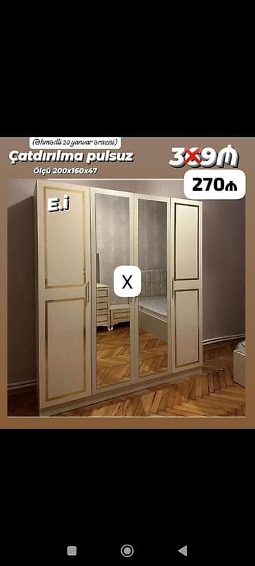 Üç qapılı geyim dolabı – güzgülü model - Ölçü: 200×160×47 sm - Rəng — 1