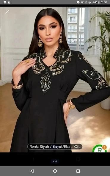 libas: Qara rəngli uzun don – daş və muncuq bəzəkli - Stil: Uzun, düz — 4