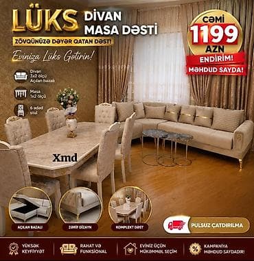 Lüks Divan–Masa Dəsti - Divan: 3x2 ölçü, açılan bazalı - Masa: 1x2