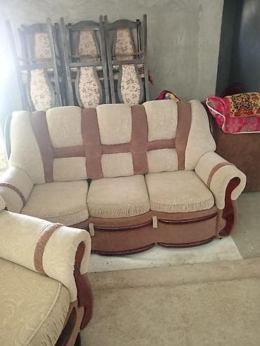 İşlənmiş, Di̇van-kravat, Divan, 3 kreslo, Bazalı, Açılan