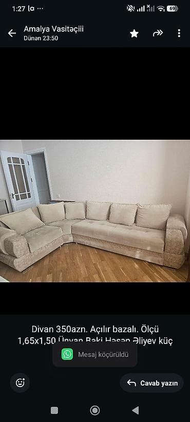 kuc divanlar: Divan 350azn. Açılır bazalı. Ölçü 1,65x1,50 Ünvan Baki Həsən Əliyev — 1