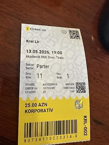 azal telebe bileti: Məhsul: Teatr tamaşasına bilet Tamaşa: Kral Lir Tarix və saat — 1