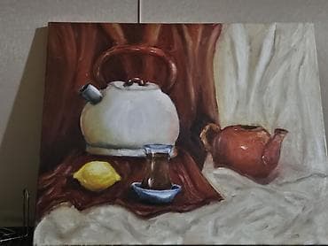 süfrə dekoru: Rəsm əsəri – “Çay süfrəsi” mövzulu natürmort - Texnika: yağlı boya — 3