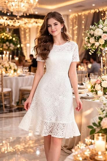 Ağ rəngli zərif krujeva don - Dizayn: Yarımqol, dairəvi yaxa, bel