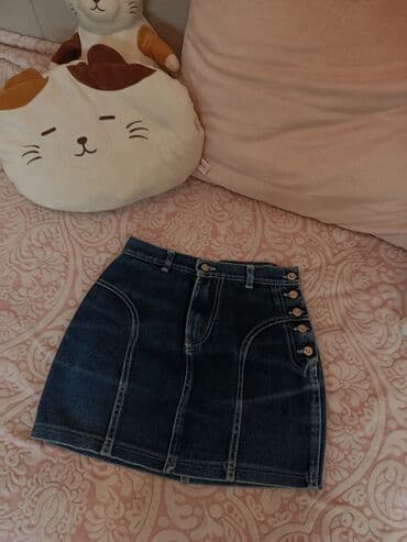 женские джинсовые юбки на пуговицах: Qısa cins ətək - Material: qalın denim (tünd göy yuyulma) - Kəsim — 2