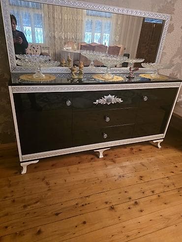 bag ucun stol stul: Qonaq otağı mebel dəsti - Rəng: qara-ağ, gümüş naxışlı dekor — 3