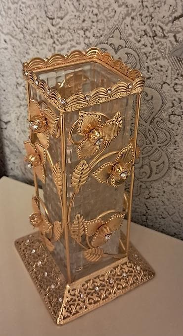 Zərif dekorativ şamdan/vaza - Material: qalın şüşə gövdə, qızılı — 2