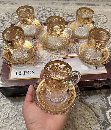 drel dəsti: Çay dəsti, rəng - Qızılı, Şüşə, 6 nəfərlik — 2