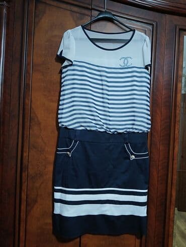 женские футболки и майки в полоску: Повседневное платье, Миди, XL — 2