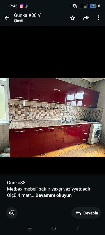 Gunka88 Mətbəx mebeli satılır yaxşı vəziyyətdədir Ölçü 4 metr Üzərində