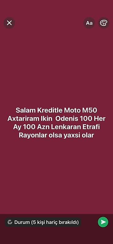 Axtarıram: Moto M50 motosiklet kreditlə. Şərtlər: - İlkin ödəniş: 100