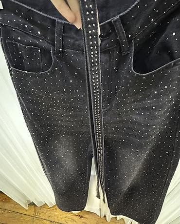 ultra 2: Qara rhinestone detallı denim şalvar - Material: qalın denim (pambıq — 2