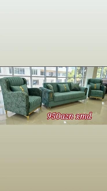 mebel materialı: Yaşıl tonlarda 3-lü dəst: 1 ədəd üçlü divan + 2 ədəd kreslo. Mebel — 1