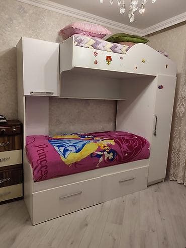 Для девочки и мальчика, Б/у, Кровать, Без матраса, С выдвижными ящиками, Ламинат — 1