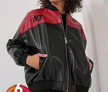 elastik mufta: Qara-qırmızı bomber üslubunda süni dəri gödəkçə - Material — 3