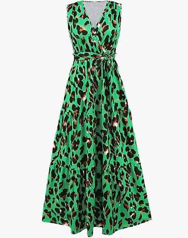 Женская одежда: Uzun yay sarafanı – yaşıl fon üzərində leopard naxışlı - Model: maxi — 3