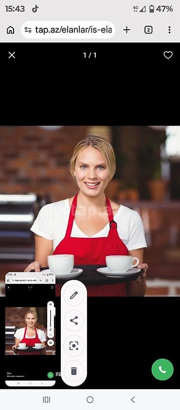 Ofisiant tələb olunur, Kafe, Gündəlik ödəniş, 18-29 yaş, 1-2 illik təcrübə — 1