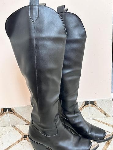 Qadın ayaqqabıları: Qadın kovboy tərzli uzun çəkmələr - Rəng: qara - Material: hamar — 3