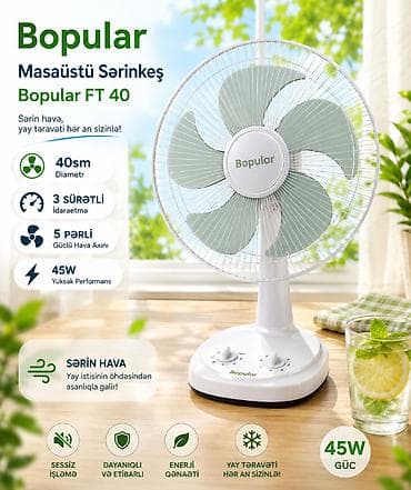Masaüstü Sərinkeş Bopular FT 40 40sm 3 Sürətli 5 Pərli 45W . ❄️