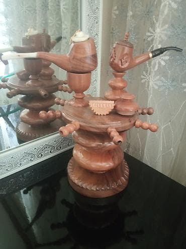 Taxta tütün siqaret borusu dəsti və stendi - Material: cilalanmış