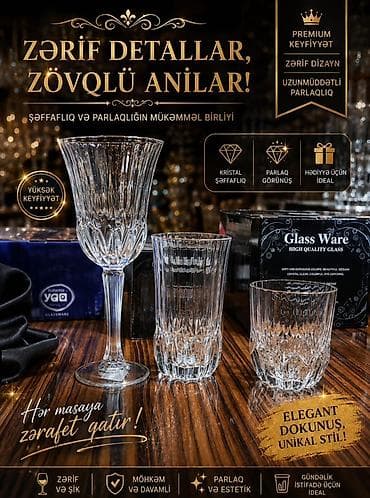 Kristal şüşə qədəh və stəkan dəsti - Premium keyfiyyətli, şəffaf və