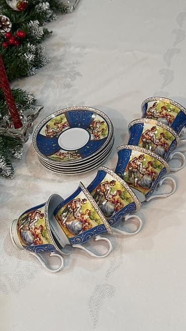 ag gilas murebbesi: Çay dəsti, rəng - Göy, Farfor, 6 nəfərlik, Fransa — 1