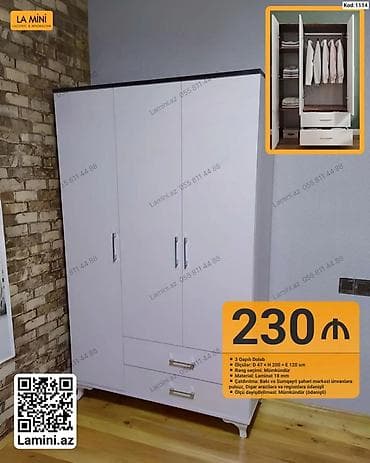3 qapılı paltar dolabı – Kod: 1114 - Ölçü: D 47 × H 200 × E 120 sm - — 1