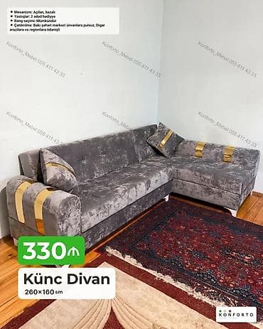 Künc divan – 260×160 sm - Mexanizm: açılan, bazalı - Daxildir: 2