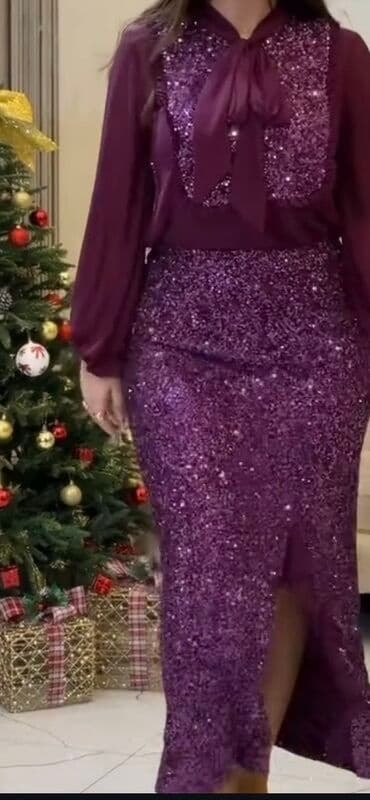 детский костюм русалки: Bənövşəyi rəngdə zərli ziyafət dəsti - Üst: Şifon toxumalı, uzun qol — 2