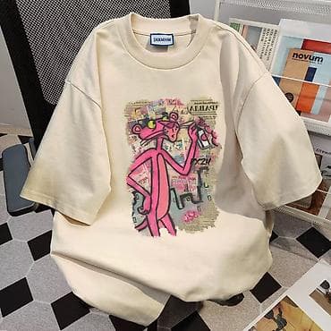 kombi leon: Qısa qol T-shirt – krem rəngli, ön hissədə pop-art üslubunda çəhrayı — 1
