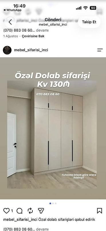 Düz dolab, Yataq otağı üçün, Paltar üçün, Açılan, Quraşdırıla bilən, 6 qapı