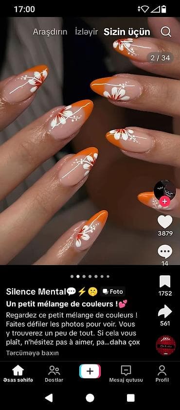 gozel dirnaq bezekleri: Xidmət: Dırnaq dizaynı – narıncı fransız ucları və əl işi çiçək naxışı — 1