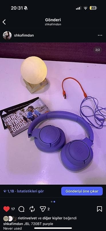 Qulaqcıqlar: JBL Tune 720BT, bənövşəyi rəngdə over‑ear Bluetooth qulaqcıq. Hec — 2