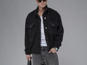 kurtka dəri: Qara rəngli tüklü/flis materialdan kişi gödəkçəsi - Model: düyməli — 3