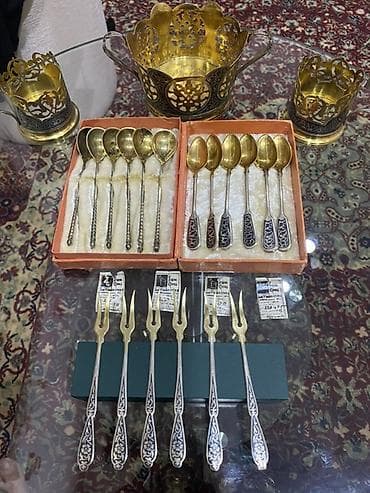 cay servis: Çay dəsti, rəng - Gümüşü, Metal, SSRİ — 3