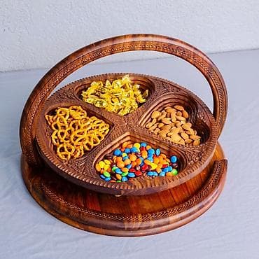 Taxta əl işı qəlyanaltı qabı – 4 bölməli, fırlanan baza və daşıma