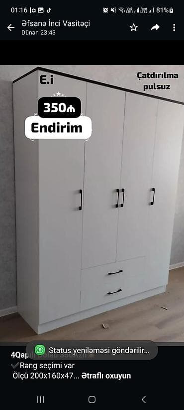 *4Qapılı Dolab 350Azn💥* ✔️Rəng seçimi var Ölçü 200x160x47 ✔️ *Şəhər
